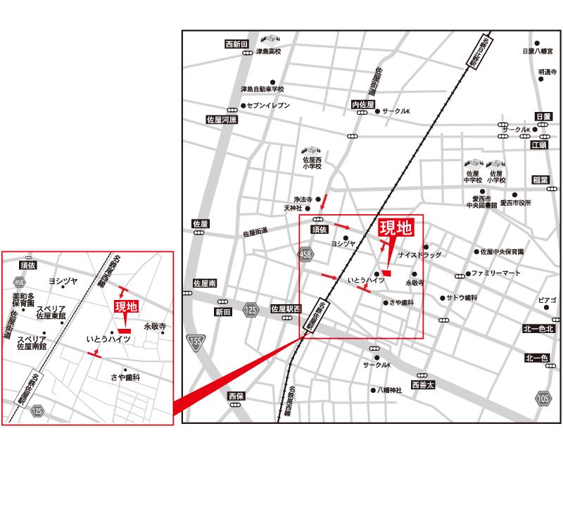 Local guide map. Aligned with the environment is within walking distance to support the living city "Kitaisshiki" downtown to access Nagoya is a 35-minute prime location. Commute ・ Commute ・ Ease footwork to shopping. Also, School in the surrounding area ・ Equipped within walking distance, such as super. 