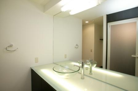 Washroom. Basin is a stylish glass bowl