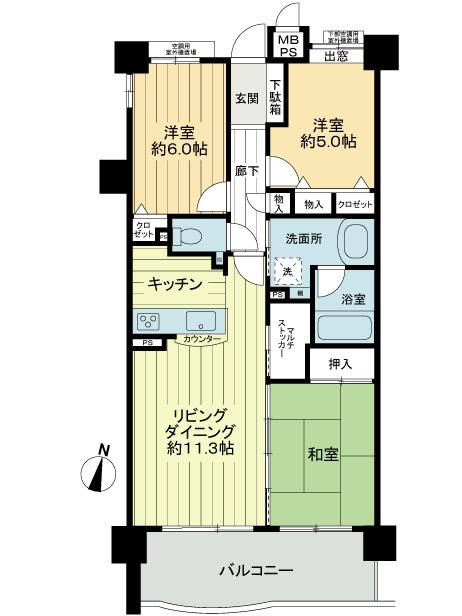 Floor plan. 3LDK, Price 13.8 million yen, Occupied area 72.23 sq m , Balcony area 11.54 sq m