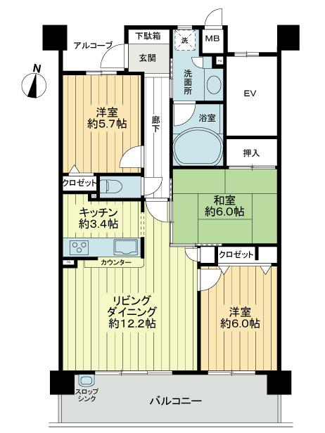 Floor plan. 3LDK, Price 17.8 million yen, Occupied area 74.44 sq m , Balcony area 13.14 sq m