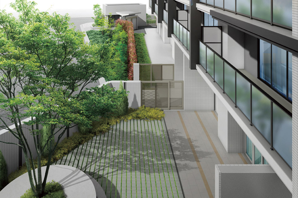 Features of the building.  [courtyard] The courtyard facing the lounge, Established a circle bench surrounding the symbol tree. Or absorbed in reading, Guests can enjoy a stroll, Space to play also peace of mind children, Gathered with nature is human, It fosters rich exchanges between residents (Rendering)