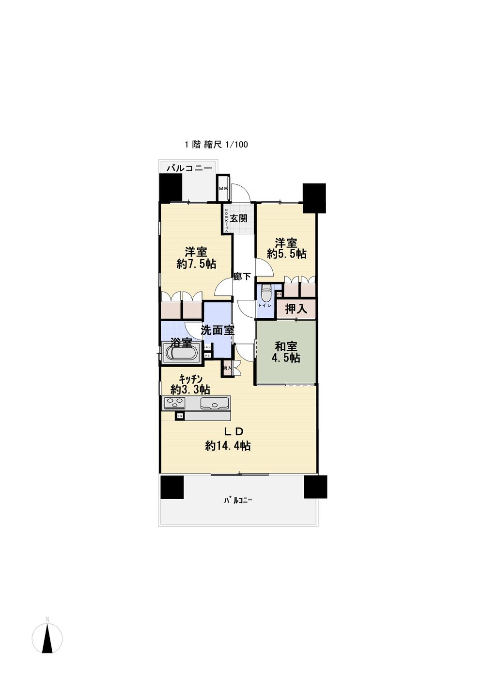 Floor plan. 3LDK, Price 24,800,000 yen, Footprint 75.4 sq m , Balcony area 16.68 sq m