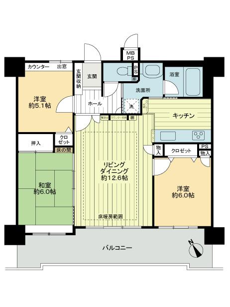 Floor plan. 3LDK, Price 18.5 million yen, Occupied area 76.15 sq m , Balcony area 16.49 sq m