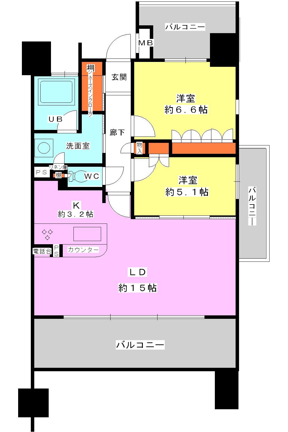 Floor plan. 2LDK, Price 19,800,000 yen, Footprint 63 sq m , Balcony area 23.74 sq m
