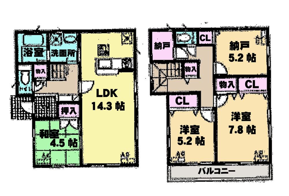 Floor plan. (Building 2), Price 29,900,000 yen, 4LDK+S, Land area 126.38 sq m , Building area 96 sq m