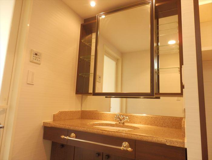 Wash basin, toilet. Washbasin of stylish design with a large mirror sliding