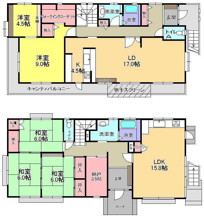 Floor plan. 39,850,000 yen, 5LLDDKK + 2S (storeroom), Land area 164.23 sq m , Building area 189.51 sq m