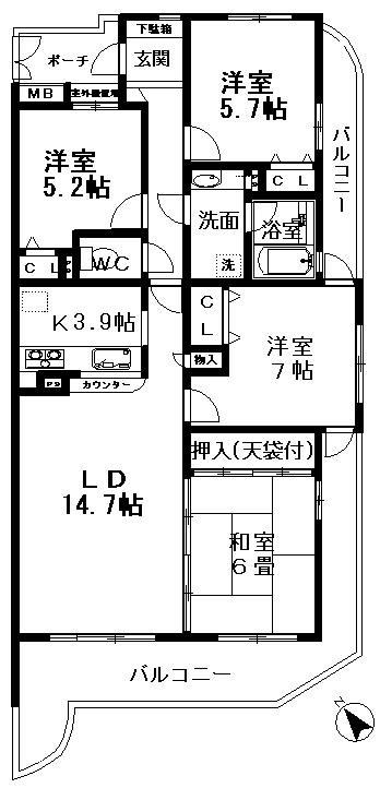 Floor plan. 4LDK, Price 18,800,000 yen, Footprint 93.8 sq m , Balcony area 22.57 sq m 4LDK