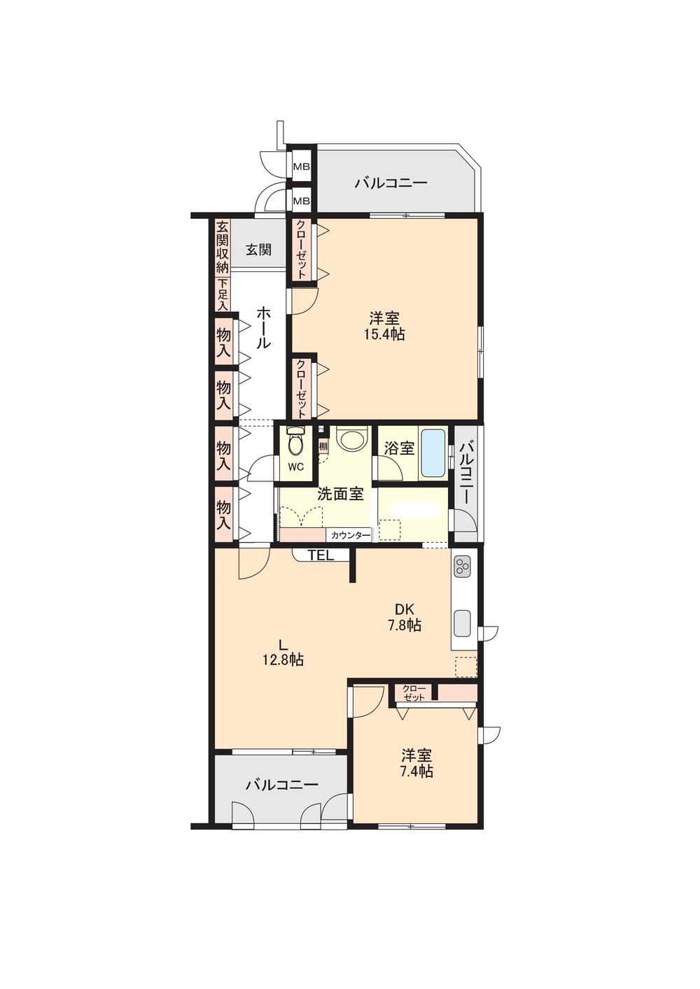 Floor plan. 2LDK, Price 12.8 million yen, Footprint 106.23 sq m , Balcony area 17.27 sq m