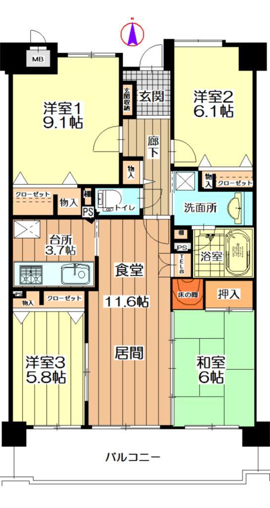 Floor plan. 4LDK, Price 9.1 million yen, Occupied area 95.81 sq m , Balcony area 14.21 sq m