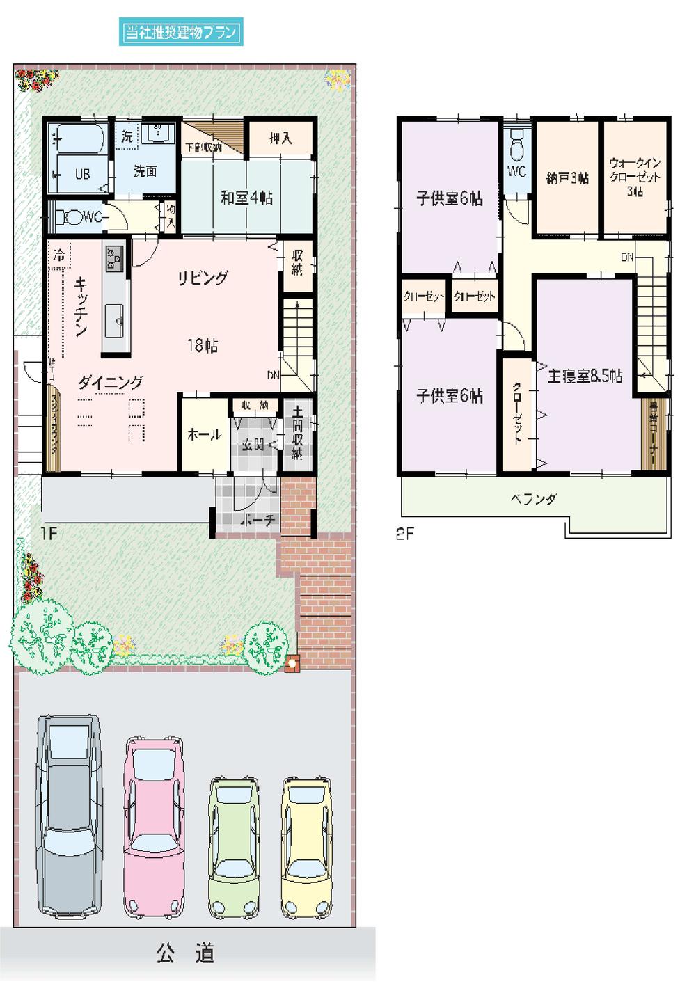 Compartment view + building plan example. Building plan example (south) 4LDK, Land price 12.4 million yen, Land area 186 sq m , Building price 23 million yen, Building area 120.9 sq m