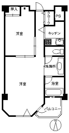 Floor plan. 2K, Price 4.8 million yen, Occupied area 45.58 sq m , Balcony area 3.74 sq m