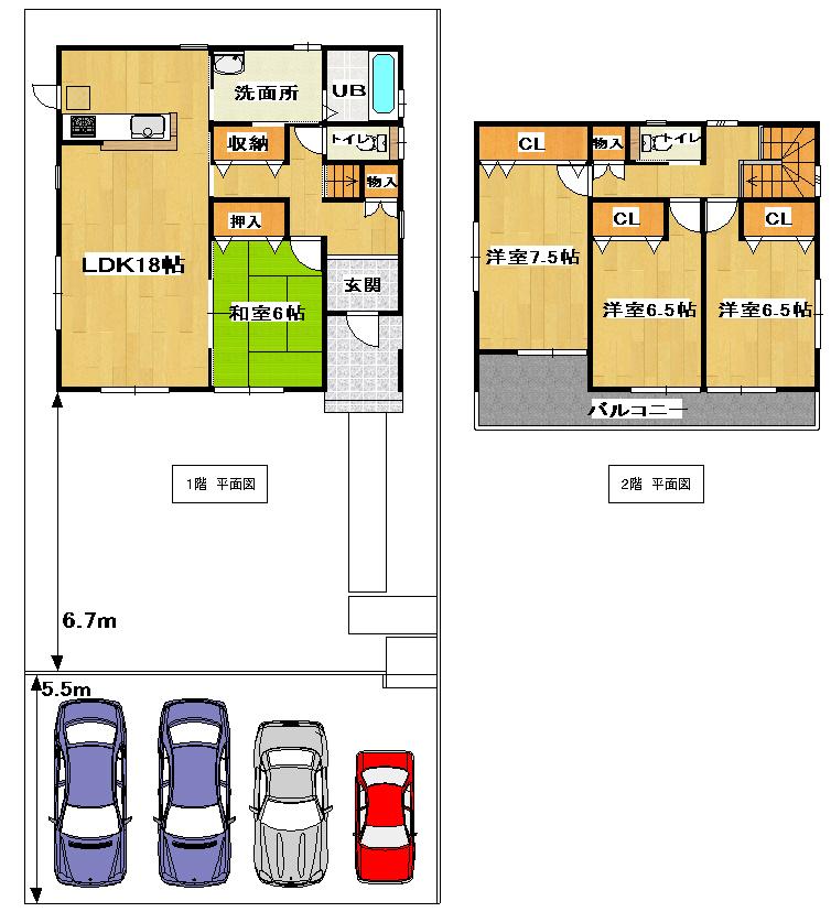 Floor plan. 34,400,000 yen, 4LDK, Land area 214.91 sq m , Car is also possible to stop a lot of the building area 104.35 sq m car park.