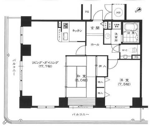 Floor plan. 2LDK, Price 12 million yen, Occupied area 77.73 sq m , Balcony area 27.1 sq m