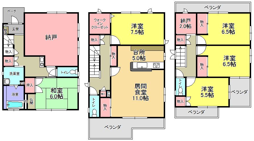 Floor plan. 17.5 million yen, 5LDK + 2S (storeroom), Land area 123.75 sq m , Building area 164.79 sq m
