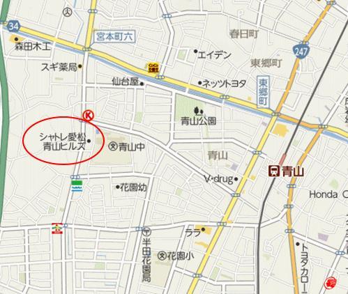 Local guide map. Kowasen Meitetsu "Aoyama" station 14 mins