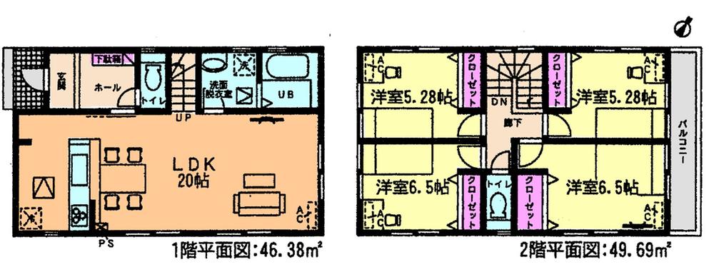 Floor plan. (Building 2), Price 21,800,000 yen, 4LDK, Land area 175.51 sq m , Building area 96.07 sq m