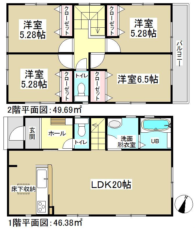 Floor plan. (Building 2), Price 21,800,000 yen, 4LDK, Land area 175.51 sq m , Building area 96.07 sq m