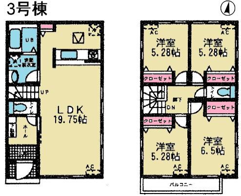 Floor plan. (3 Building), Price 23.8 million yen, 4LDK, Land area 134.34 sq m , Building area 97.72 sq m