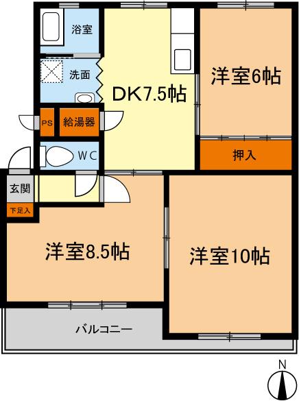 Floor plan. 3DK, Price 4.5 million yen, Occupied area 60.06 sq m , Balcony area 6.69 sq m