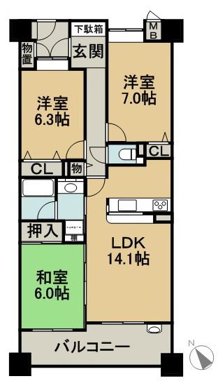 Floor plan. 3LDK, Price 17.5 million yen, Occupied area 69.16 sq m , 3LDK of balcony area 10 sq m all room 6 Pledge or more of breadth