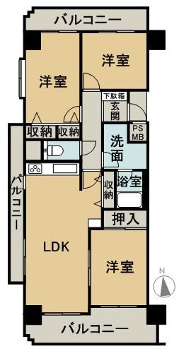 Floor plan. 3LDK, Price 9.5 million yen, Occupied area 70.95 sq m , Balcony area 18.99 sq m