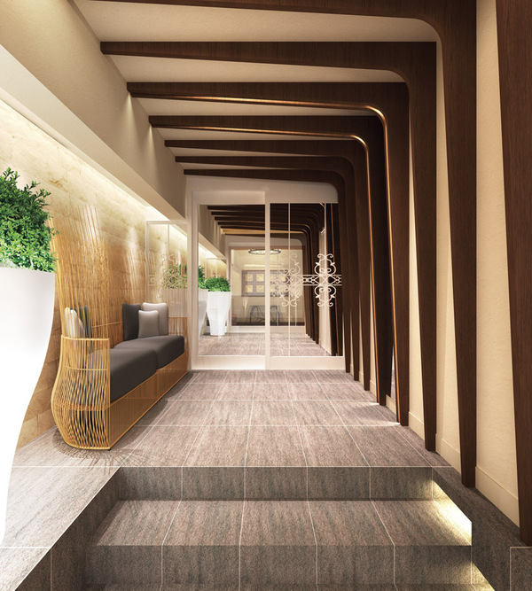 Buildings and facilities. When you enter one step, Healing space there is such as hotel. Every day is the theme to design a "resort hotel" as feel special. Greets a warm family and guests (entrance Rendering)