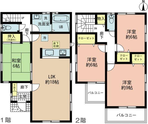 Floor plan. (1 Building), Price 32,800,000 yen, 4LDK, Land area 185.13 sq m , Building area 106 sq m