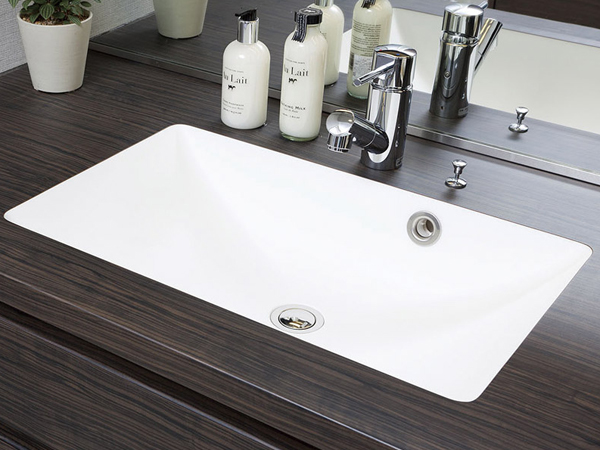 Bathing-wash room.  [Artificial marble under bowl] One of the acrylic artificial marble Features, There is a strength to the impact. There is a wash bowl and compared more than five times the strength of such as pottery (company ratio), Adopted under the bowl to reduce the worry for the falling objects (same specifications)