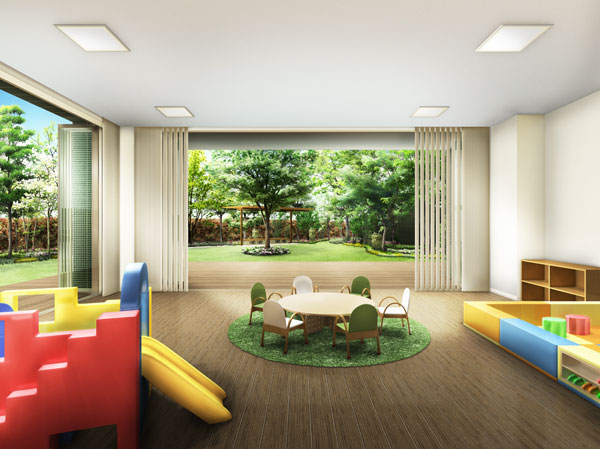 Shared facilities.  [Kids party room] Overlooking the green lawn open space, Kids party room where guests can enjoy, such as children's birthday party or Christmas party (Rendering)