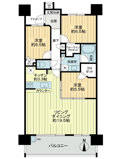 Floor plan. 3LDK, Price 24,800,000 yen, Occupied area 85.74 sq m , The balcony area 14.4 sq m condominium during 4LDK to floor plan changes to 3LDK, We have a wide living. Storage capacity is also abundant there is a walk-in closet in the Western-style two-chamber.