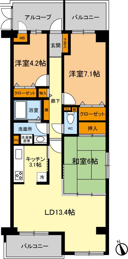 Floor plan. 3LDK, Price 13.8 million yen, Occupied area 76.03 sq m , Balcony area 9.78 sq m