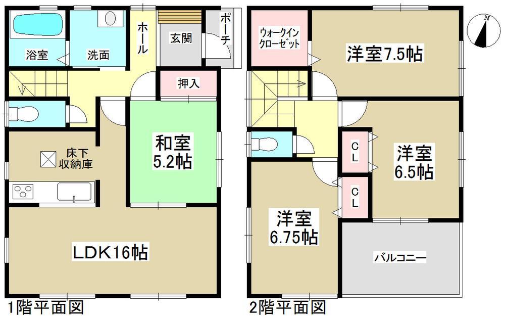 Floor plan. Popular face-to-face kitchen! The 2 Kainushi bedroom there is a convenient walk-in closet in the housing. 
