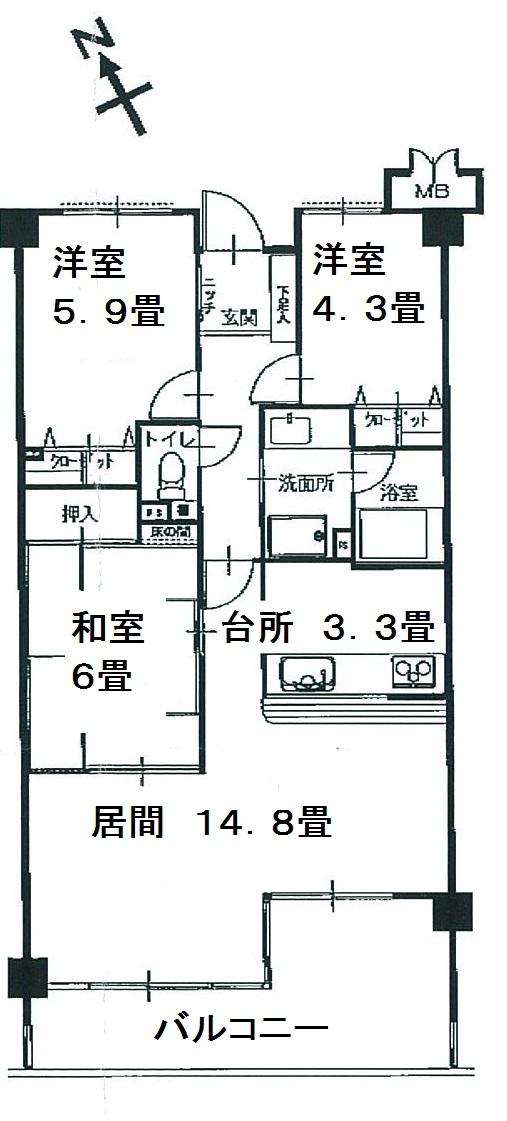Floor plan. 3LDK, Price 11.8 million yen, Occupied area 77.36 sq m , Balcony area 10.52 sq m