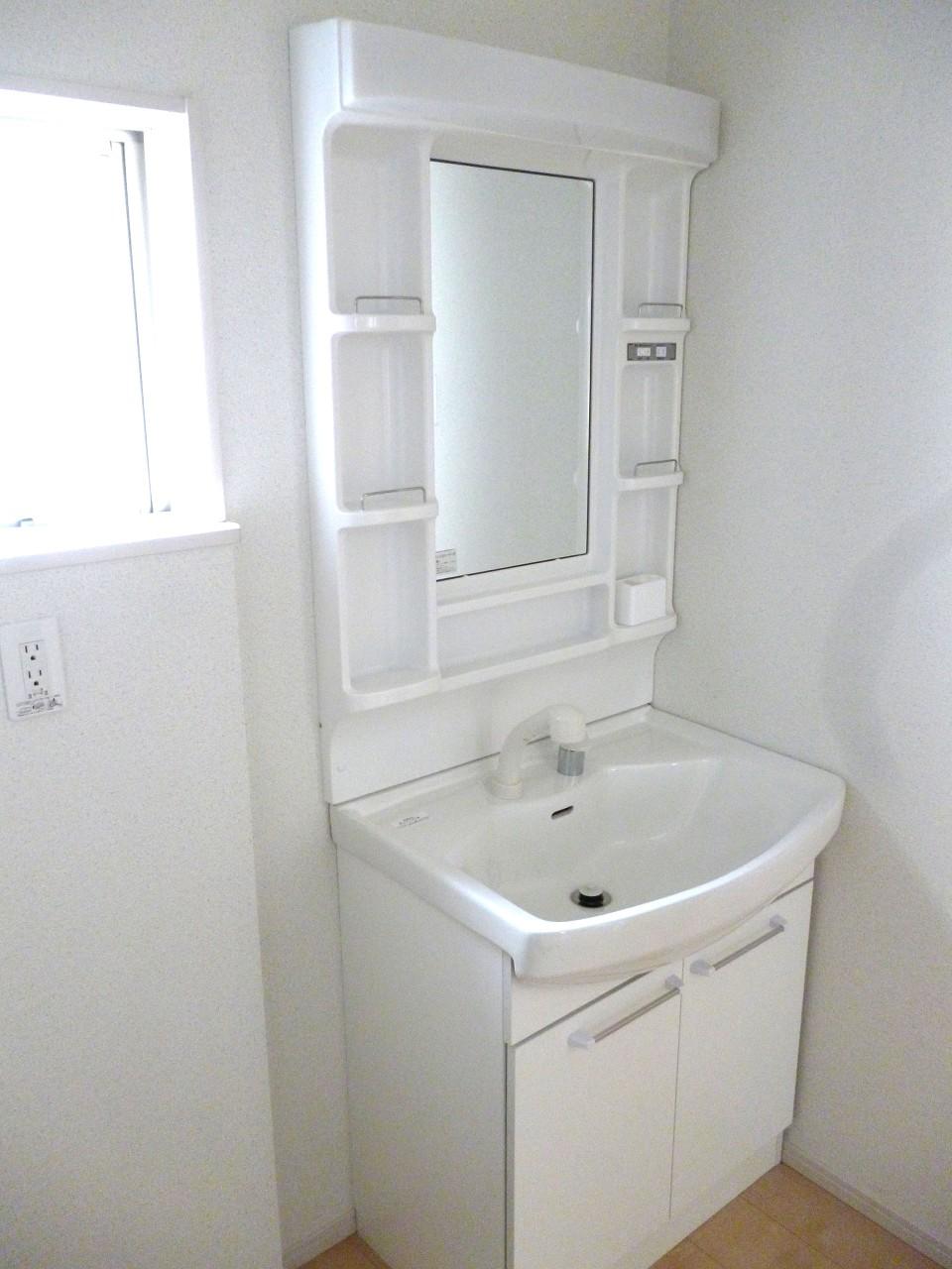 Wash basin, toilet. Vanity with shower