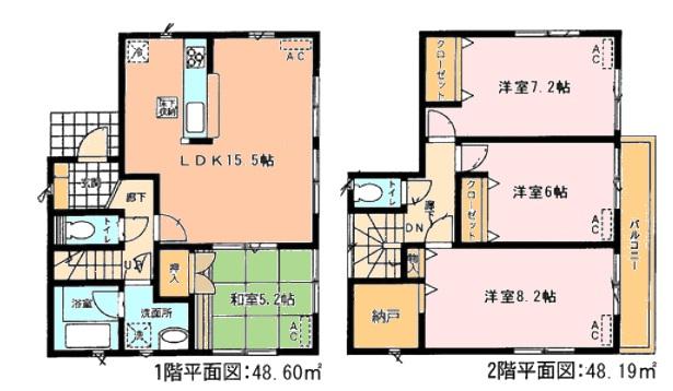 Floor plan. (Building 2), Price 26,900,000 yen, 4LDK+S, Land area 133.57 sq m , Building area 96.79 sq m