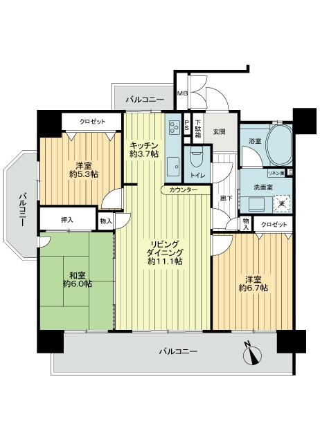 Floor plan. 3LDK, Price 26,800,000 yen, Occupied area 73.58 sq m , Balcony area 20.69 sq m