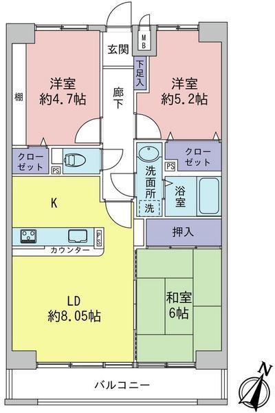 Floor plan. 3LDK, Price 10.5 million yen, Occupied area 65.92 sq m , Balcony area 7.04 sq m