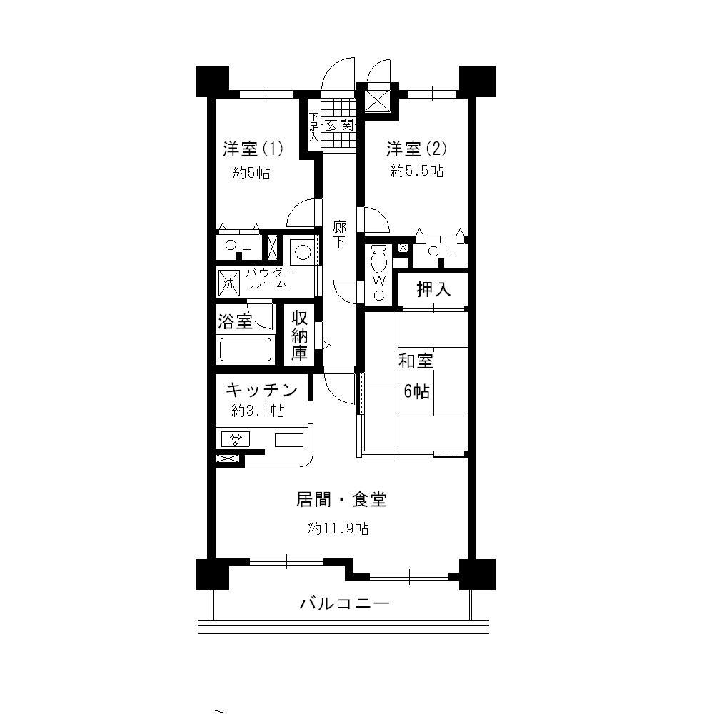Floor plan. 3LDK, Price 12.9 million yen, Occupied area 70.59 sq m , Balcony area 9.34 sq m