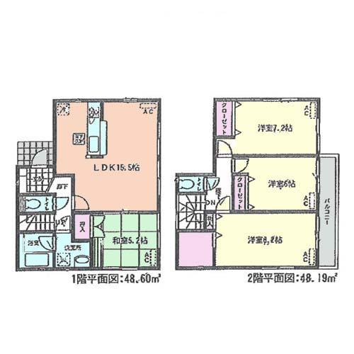Floor plan. (Building 2), Price 28,900,000 yen, 4LDK+S, Land area 133.57 sq m , Building area 96.79 sq m