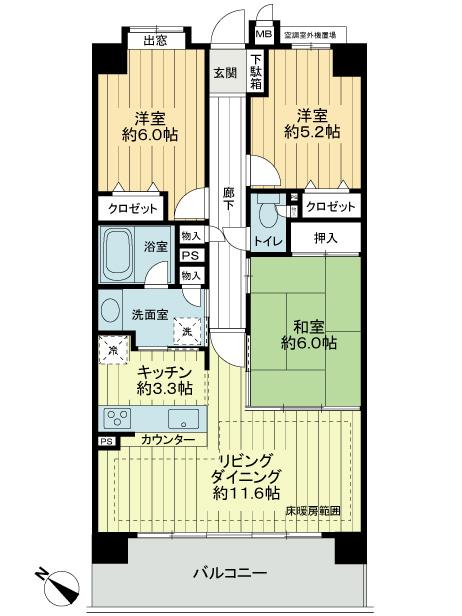 Floor plan. 3LDK, Price 18,800,000 yen, Occupied area 72.45 sq m , Balcony area 12.15 sq m