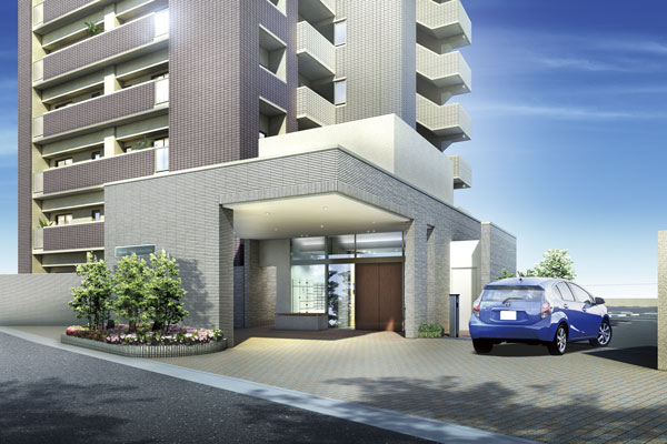 Buildings and facilities. Entrance approach which arranged the apartment east (main pouch) is, The carriage porch provided with a roof. Wet day, Sunshine is strong day, You can also out of the car of getting on and off and the luggage smoothly dark night (Entrance approach Rendering)