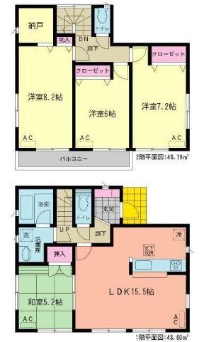 Floor plan. (Building 2), Price 28,900,000 yen, 4LDK+S, Land area 133.57 sq m , Building area 96.79 sq m
