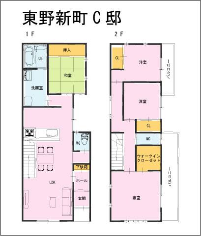 Building plan example (floor plan). Building plan example (C partition) 4LDK, Land price 13,080,000 yen, Land area 110.97 sq m , Building price 12.5 million yen, Building area 102.68 sq m