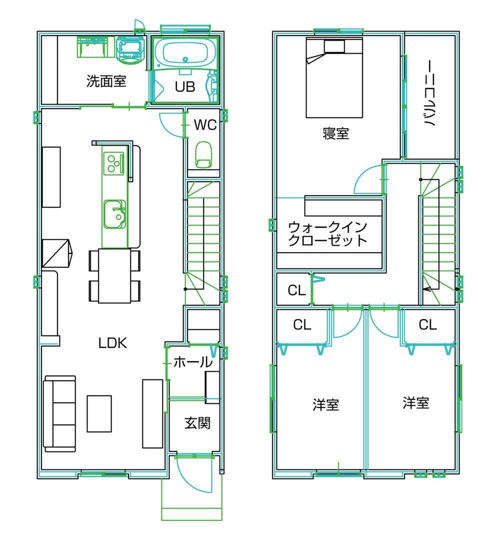Building plan example (floor plan). Building plan example (B compartment) 2LDK, Land price 13,090,000 yen, Land area 110.99 sq m , Building price 12,750,000 yen, Building area 94.84 sq m