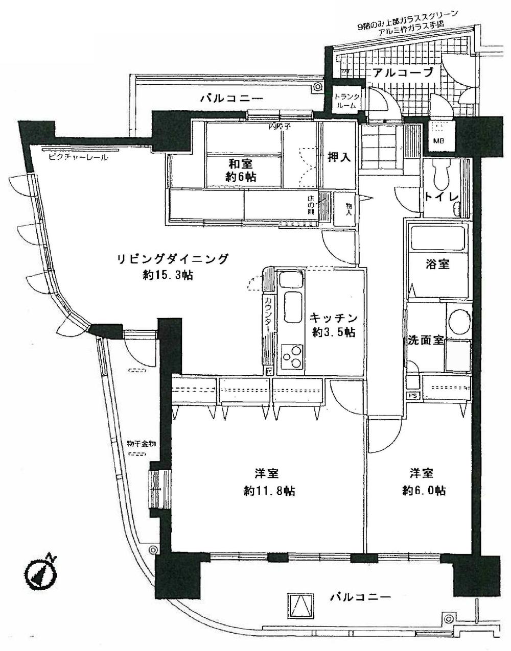 Floor plan. 3LDK, Price 21 million yen, Occupied area 92.01 sq m , Balcony area 23.84 sq m 9 floor of 3 direction room