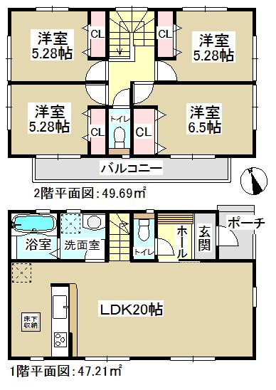 Floor plan. (Building 2), Price 23,900,000 yen, 4LDK, Land area 129.18 sq m , Building area 96.9 sq m