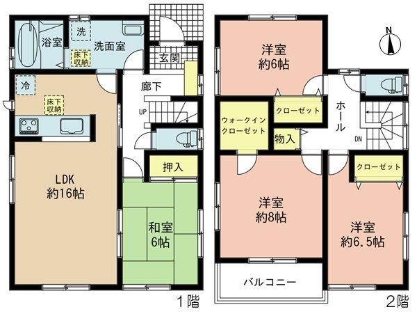 Floor plan. (Building 2), Price 34,800,000 yen, 4LDK, Land area 133.69 sq m , Building area 106 sq m