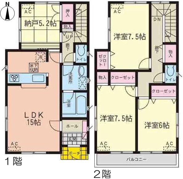 Floor plan. (Building 2), Price 27,900,000 yen, 3LDK+S, Land area 106.98 sq m , Building area 99.62 sq m