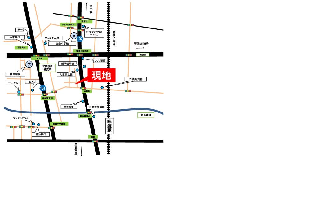 Local guide map. Meiken road Miocene-cho signal 100, please enter me immediately bent on the north side you evenly Lawson side